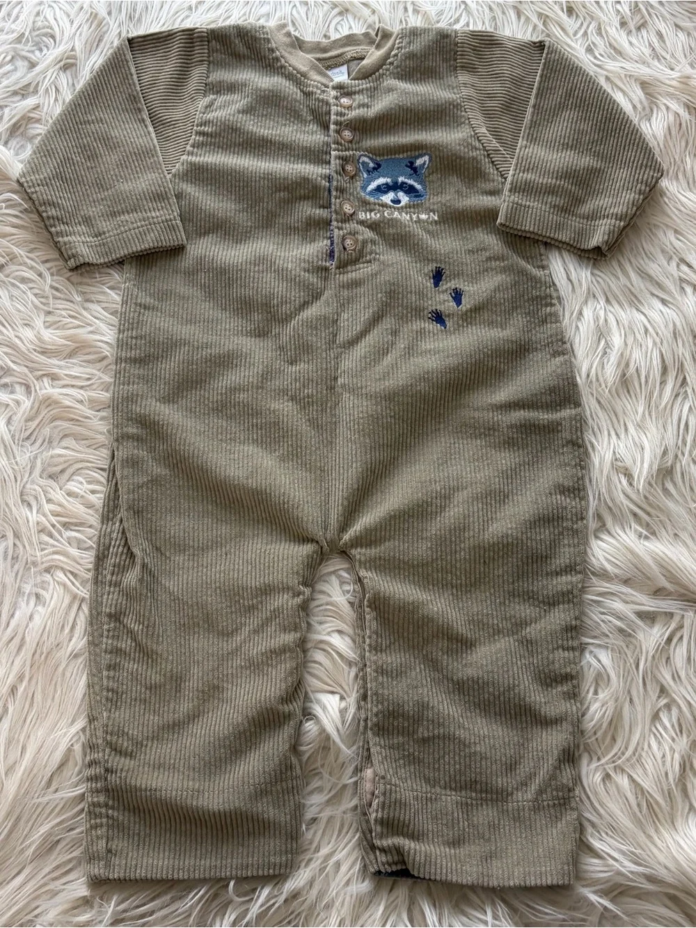 Vintage Carters Beige Corduroy Raccoon Embroidered Jumpsuit Baby 12-18 Months